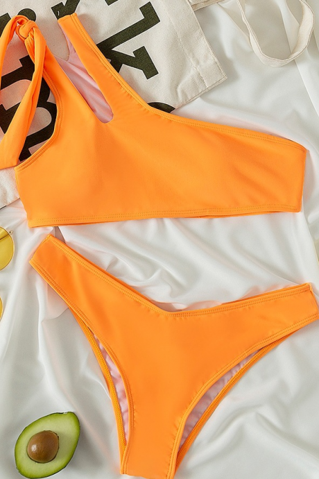 Sexy Swimsuit Women's Solid Color One-shoulder Split Bikini