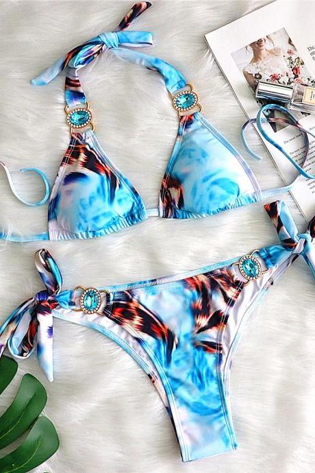 Printed Ribbon Tie Women's Two-piece Swimsuit Sexy Crystal Diamond Low-rise Bikini