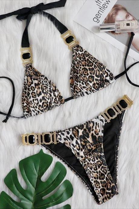 Sexy Leopard Print Diamond Low-rise Push-up Two-piece Swimsuit