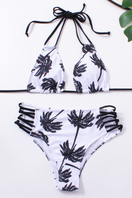 Coconut Tree Print Swimsuit Boom Halter Split Bikini Sexy Beach Swimsuit