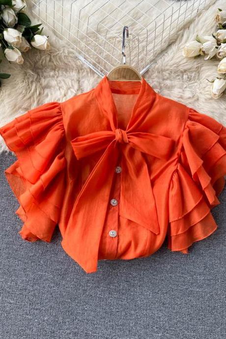 Small Design With Many Layers Of Ruffled Sleeves Sweet Tie Up Bow Collar Slim Blouse Woman