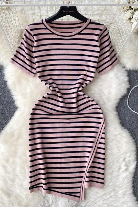 Striped Knit Dress Women&amp;#039;s Thin Summer Irregular Niche Design Sense Round Neck Bag Hip Simple Style Skirt