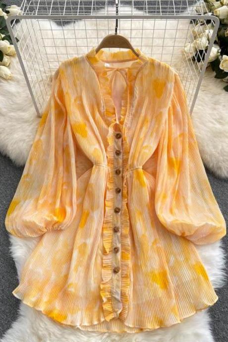 Light Wind Vintage Print Dress Women's Autumn Froth Sleeve Wood Ear Collar Lace-up Waist Blouse Dress