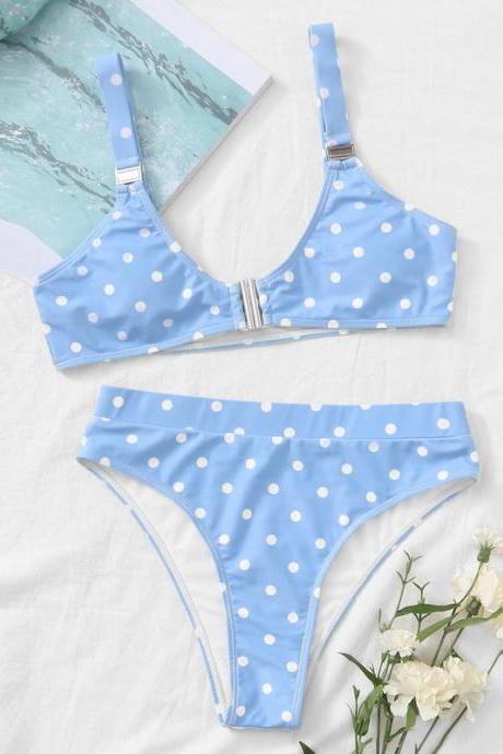 Fashion Blue Dots Two Pieces Bikinis Swimwear