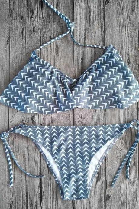 Vintage Stripe Grey And White Two Piece Bikinis