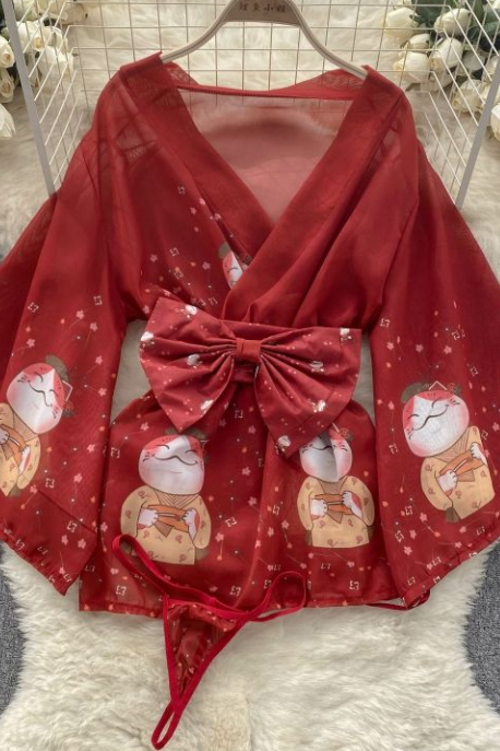 Pajamas Set Women&amp;#039;s Japanese Cartoon Kimono Fun Chiffon Three-piece Set