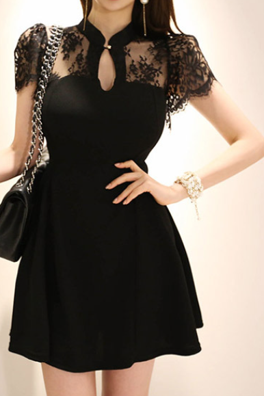 Temperament Lace Patchwork Receiving Waist A-line Little Black Dress