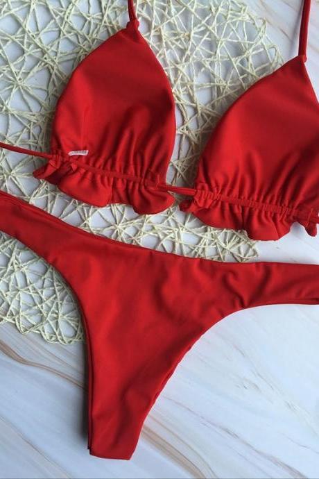 Solid Color Bikini Strap-up Swimwear For Women Ruffled Swimwear