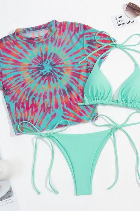 New three-piece tie-dye printed two-piece bikini
