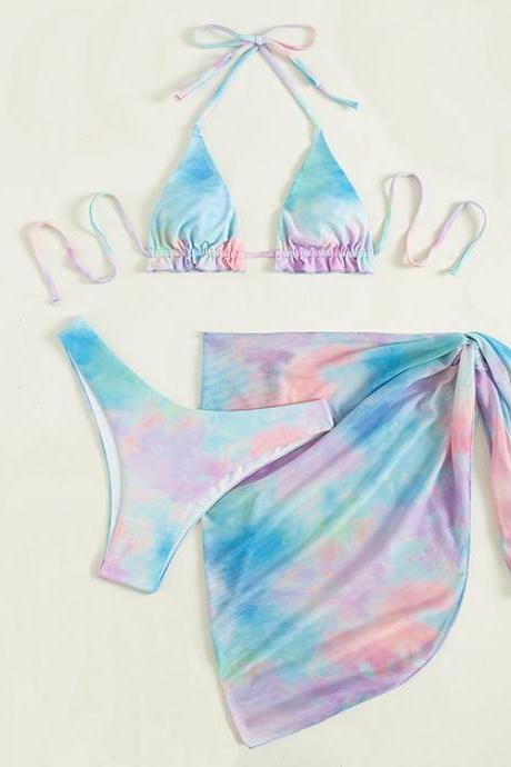 Tie-dye Printed Two-piece Swimsuit Women&amp;#039;s Three-piece Lace-up Bikini