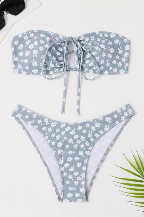 Split Triangle Bikini Floral Print Solid Color Lace-up Swimsuit