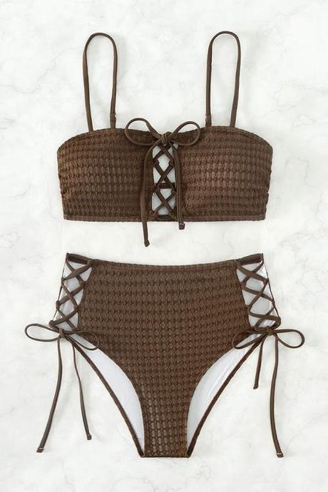 Summer Solid Color Breast Top Lace-up Two-piece Swimsuit Sexy High Waist
