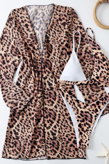 Sexy Leopard Print Yarn Long Sleeve Sun Protection Three-piece Bikini