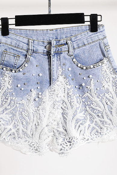 Embroidered Beaded Shiny Denim Shorts For Women 2023 Summer The Latest Crocheted Fancy Pants For Women