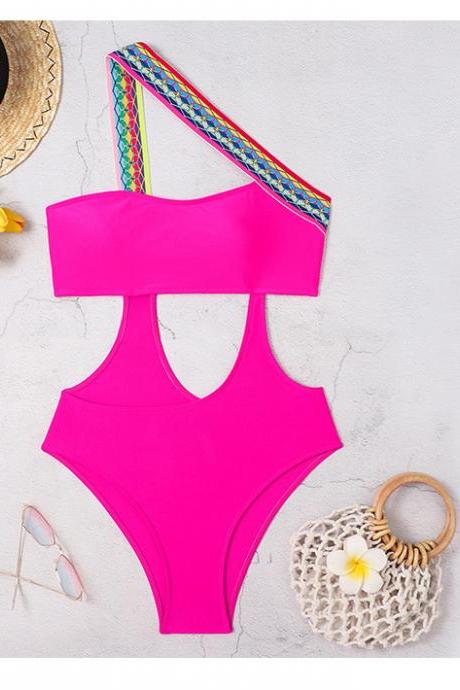 One-piece Hollow Sexy Solid Color Swimsuit Plain Color Ribbon