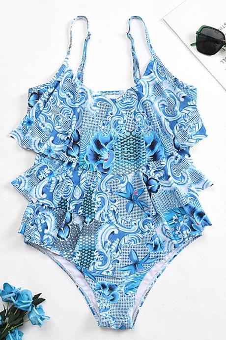 One-piece Cake Slim-fit Bikini Swimwear Bathsuit Blue Totem