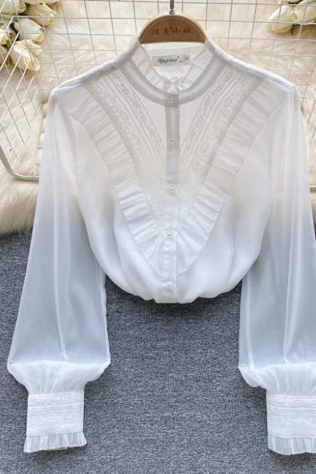 Long Sleeve Organza Shirt Women&amp;#039;s Autumn Wooden Edge Design Feeling Niche Super Fairy Top