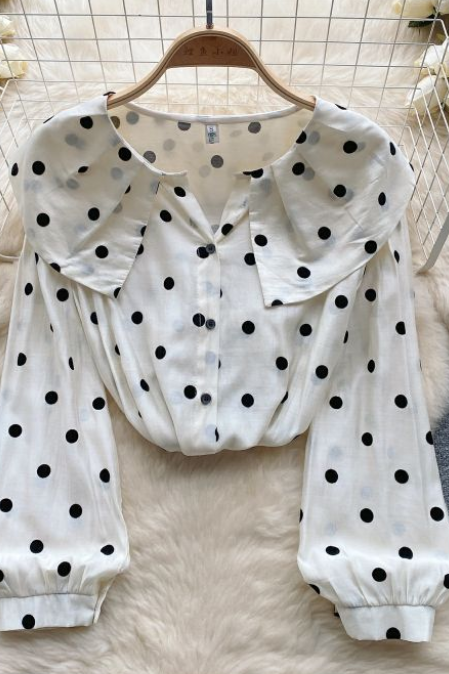Women's Age Reduction Doll Collar Loose Slimming All Matching Polka Dot Shirt Female Autumn Dress Foreign Air Bubble Sleeve