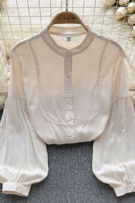 Apricot Color Small Stand Collar Shirt For Women With Loose Design Sense Of Temperament Lantern Sleeve