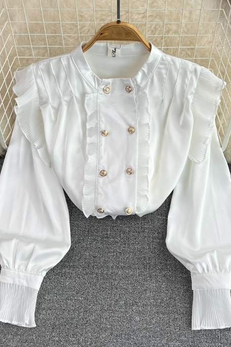Vintage Style Double Breasted Ruffled Style Standing Collar White Shirt Casual Puffy Sleeve Loose Top