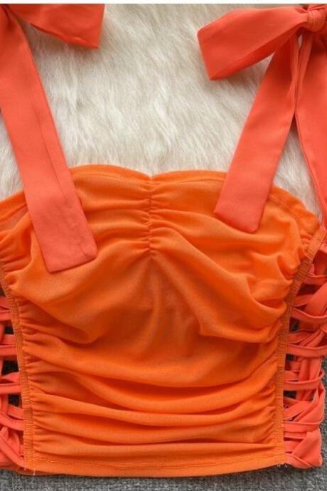 Halter Vest Women Autumn Lace Hollow-fitting Design Sense Of Beauty Short Top Trend