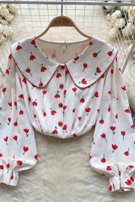 Vintage Romantic Advanced Sense Doll Collar Floral Shirt Women&amp;#039;s Autumn Loose Design Puffy Sleeve Top