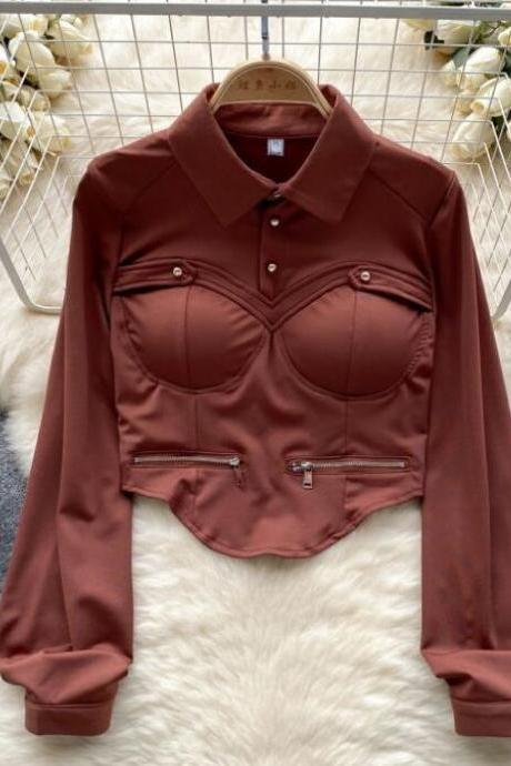 Female Autumn Wear Tooling Design Sense Slim Long Sleeve T-shirt Sexy Temperament Crop Shirt