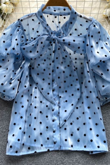 Bubble Sleeve Tie With Bow Polka Dot Shirt Women's Summer Thin Perspective Loose And Thin Chiffon Blue