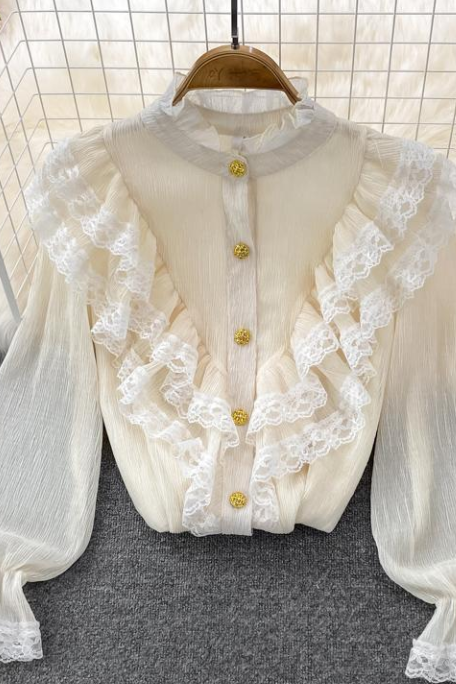 Stand Collar Lace Lace Flared Sleeve Chiffon Shirt Spring Autumn Long Sleeve Loose Ruffled Style Chic Top