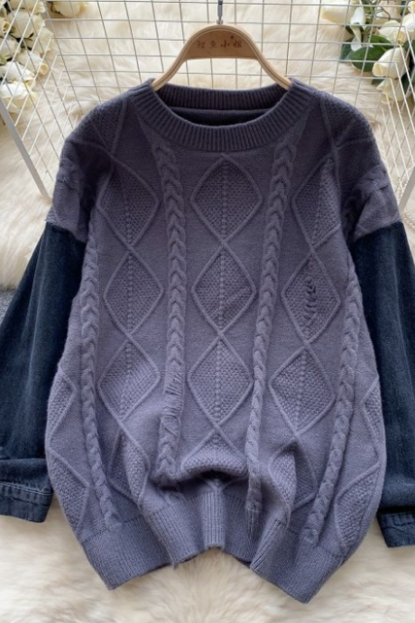 High-grade Knit Sweater For Women Autumn-winter Denim Puffed Sleeve Patchwork Design Fried Street Top