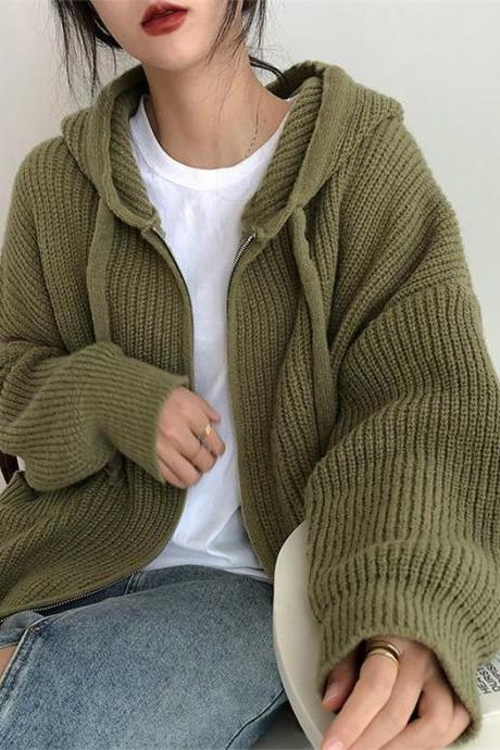 Loose Hooded Sweater Cardigan Coat For Women Autumn-winter 2023 Retro Lazy Knit Top Trend