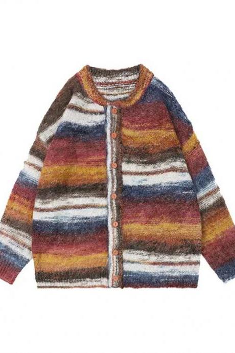 Autumn-winter Vintage Mixed Color Strip French Knit Cardigan Lazy Coat Top Couple Dress