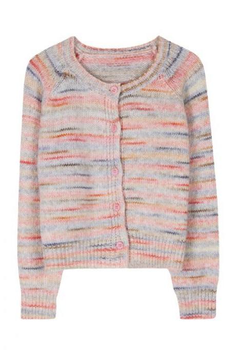 Gentle Wind Rainbow Gradient Knitted Cardigan Sweater Autumn Crew Neck Long Sleeve Loose Coat Small Casual Top