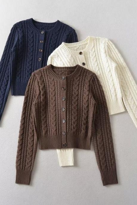 Autumn Knitted Cardigan Round Neck Loose Twist Single Breasted Short Women's Knitwear