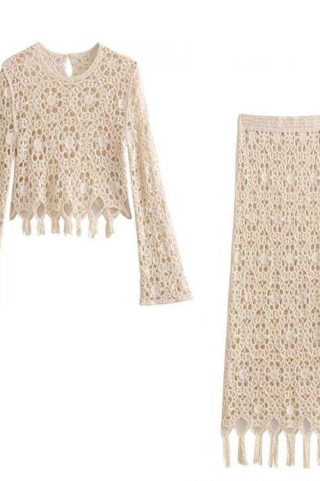 Crew-neck Knitted Hollow-out Long-sleeved Top Fringe Skirt Suit