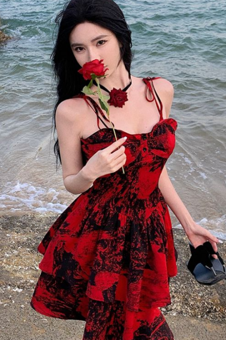 Floral Dress Summer Dress Women 2023 Seaside Holiday Dress Tea Break Oil Painting Slip Dress