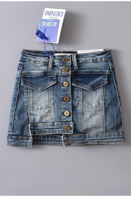Vintage Stretch High-waisted Breasted Denim Skirt With Anti-slip Design
