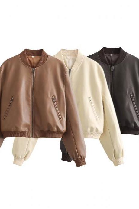 Three-color Small Stand Collar Long Sleeve Pu Leather Flight Jacket Short Coat Leather