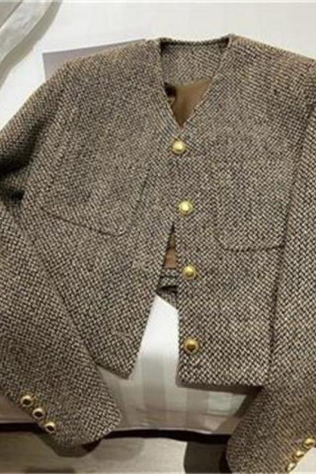 Khaki Short 2023 Early Autumn Style British Simple Temperament Of The Girl Woolen Small Fragrance Top Cardigan Coat