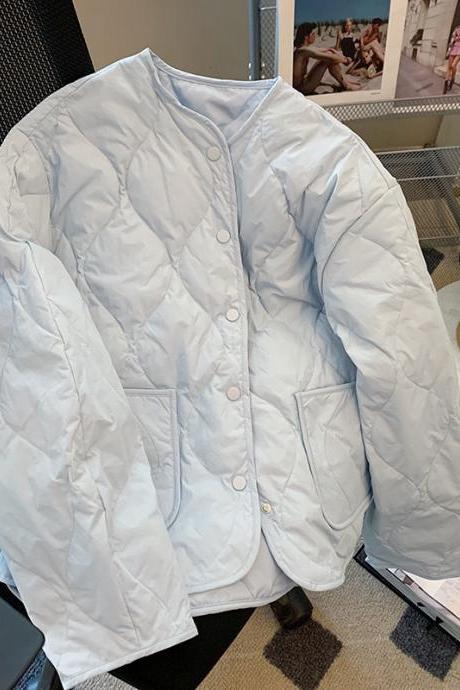Gentle Wind Blue Diamond-checked Cotton-padded Coat Women&amp;#039;s Winter Design Sense Niche Warm Clip Cotton Coat