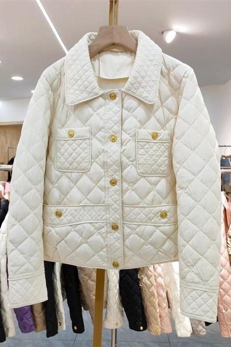 Light Diamond Check Short Down Jacket 2023 Winter Small Gold Buckle Female Korean Version White Duck Down Slim Coat
