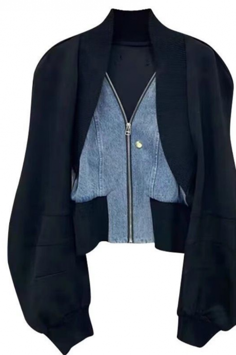 Design Sense Niche Black Denim Splicing Long Sleeve Short Coat Women's Spring And Autumn Spice Girls Fake Two Cardigan Tops