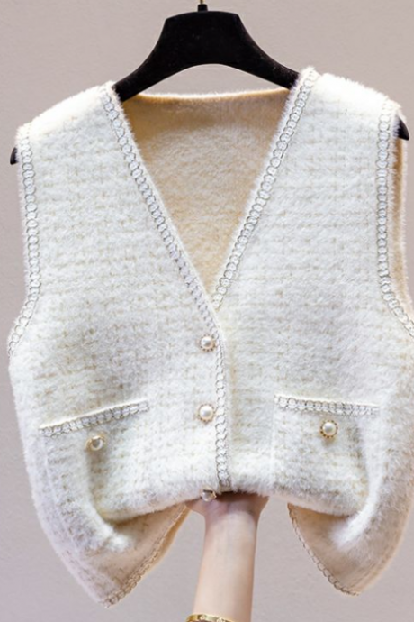 Knitted Waistcoat Women's Autumn And Winter V-neck Small Fragrance Women's Vest Sweater Outside