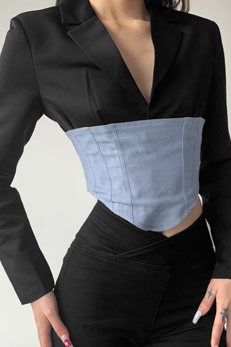 Denim Patchwork Chic Lapel-neck Blazer For Women's Slimming Waist Pull-over Jacket