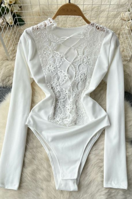Spring And Autumn 2023 Korean Lace Lace Hollowout With French Retro High Fork Onesie Jumpsuit