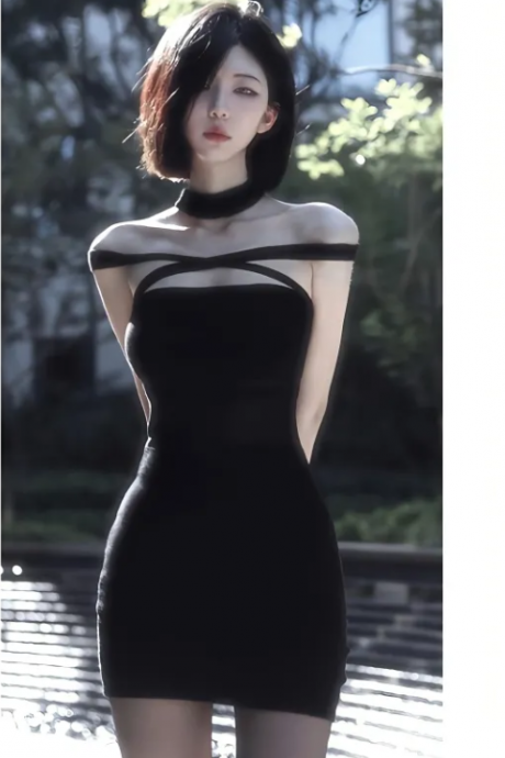 Temperament Hanging Neck One Shoulder Cross Lacing Hollow Dress Female Pure Want Fashion Package Hip Skirt Skirt