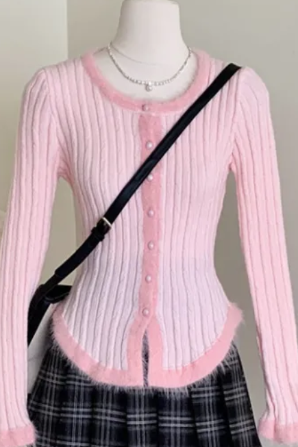 Plush Splicing Pit Long Sleeve Knitted Cardigan Female Korean Version Chic Slim Sweater Base Shirt Top