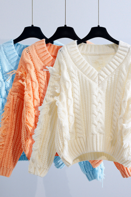 Loose V-neck Twist Sweater For Women With Fringe Knitwear