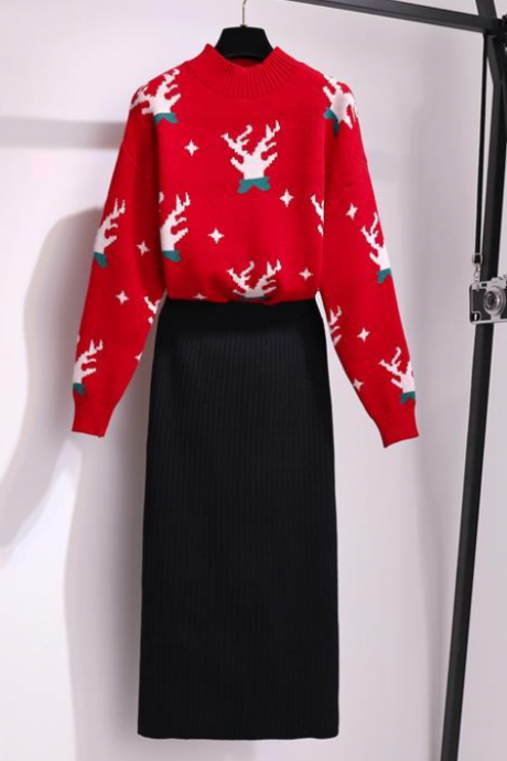 The Merry Christmas Set Women&amp;#039;s Fashion Light Dressed Sweater And Skirt Two-piece Set