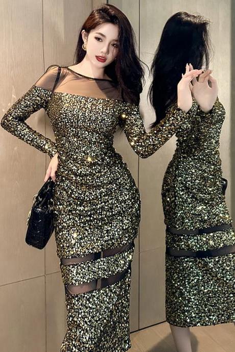 Autumn And Winter Dress French Style Exquisite Slim Sequin Dress